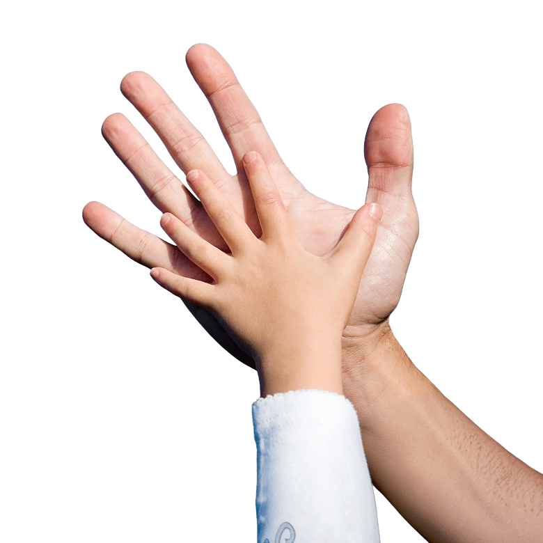 Child and adult hands clasped together symbolizing support and family unity.