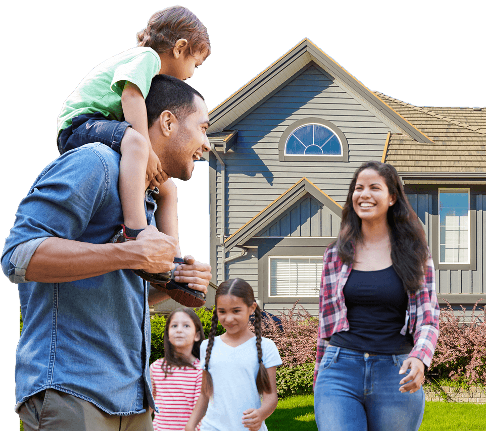 Family enjoying time outside a modern house, promoting homeownership and community.