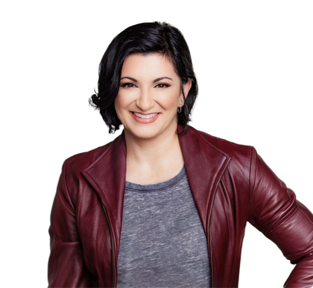Marisa Calderon smiling, wearing a red leather jacket and gray shirt.