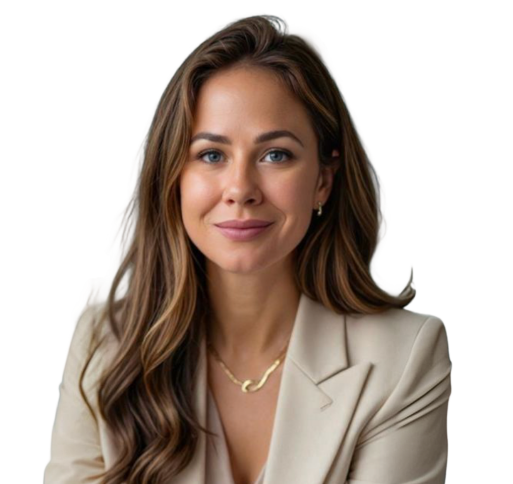 Professional woman with long brown hair in a beige blazer for Prosperity Now.