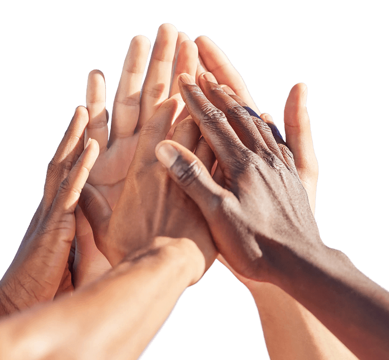 Multiple diverse hands joined together symbolizing unity and collaboration.